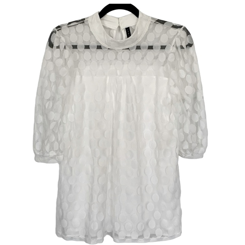 LUNA RAE NEW Women’s Sheer Blouse White Polka Dot 3/4‎ Sleeve Keyhole Back S